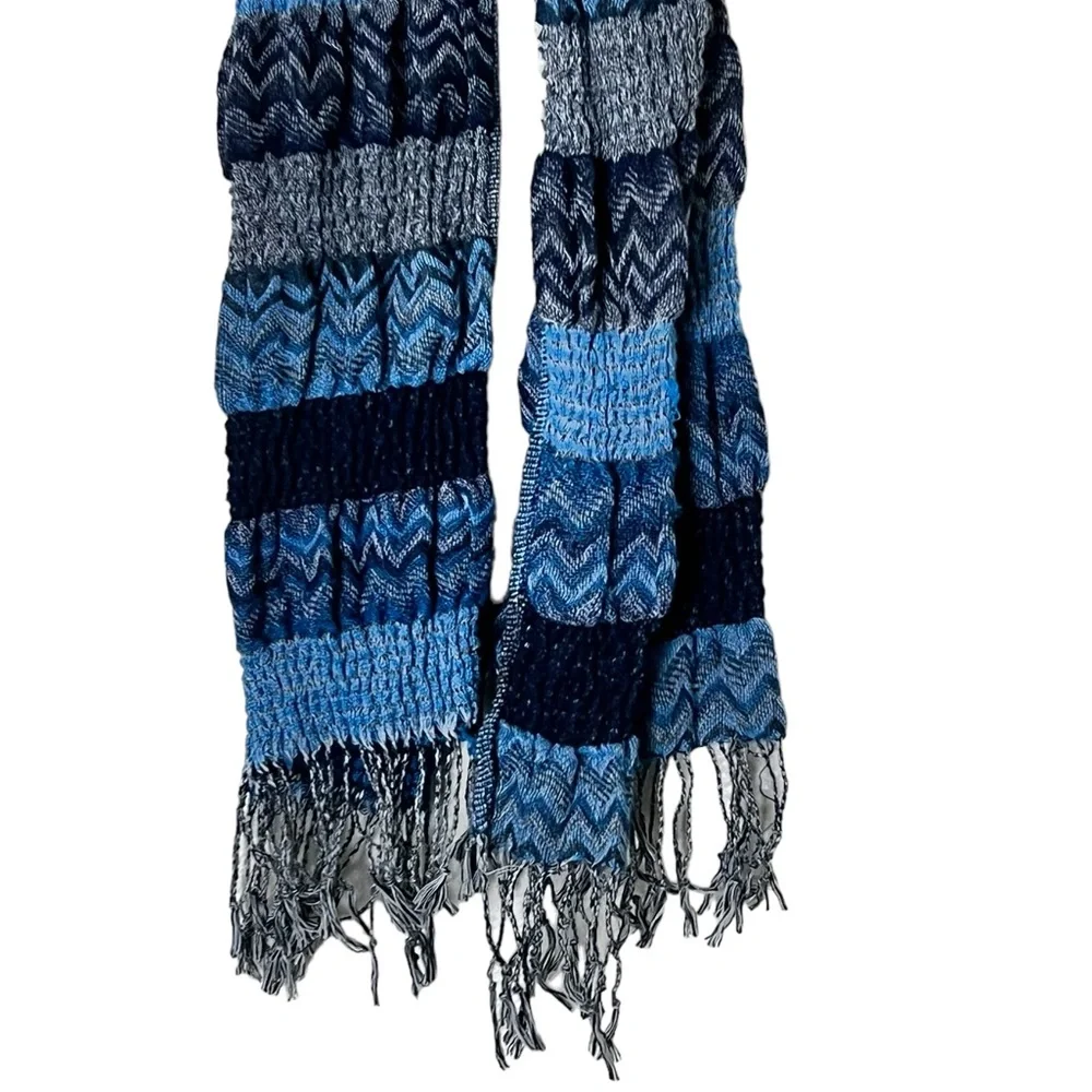Blue striped fringe crinkle scarf wrap